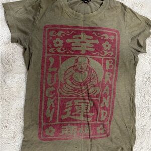 Vintage Lucky Brand Olive Green Tee with Red Graphic
